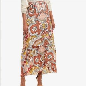 Bcbg Maxi Wrap Skirt Sz XXS Floral Paisley Dusty Rio Red